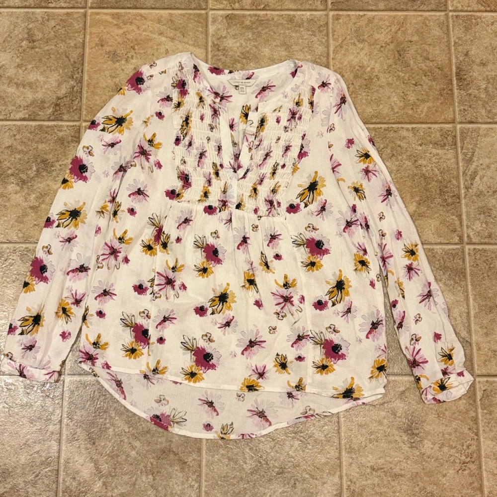 Lucky Brand Womens Floral Smocked Split V-Neck Peasant Blouse White Pink M